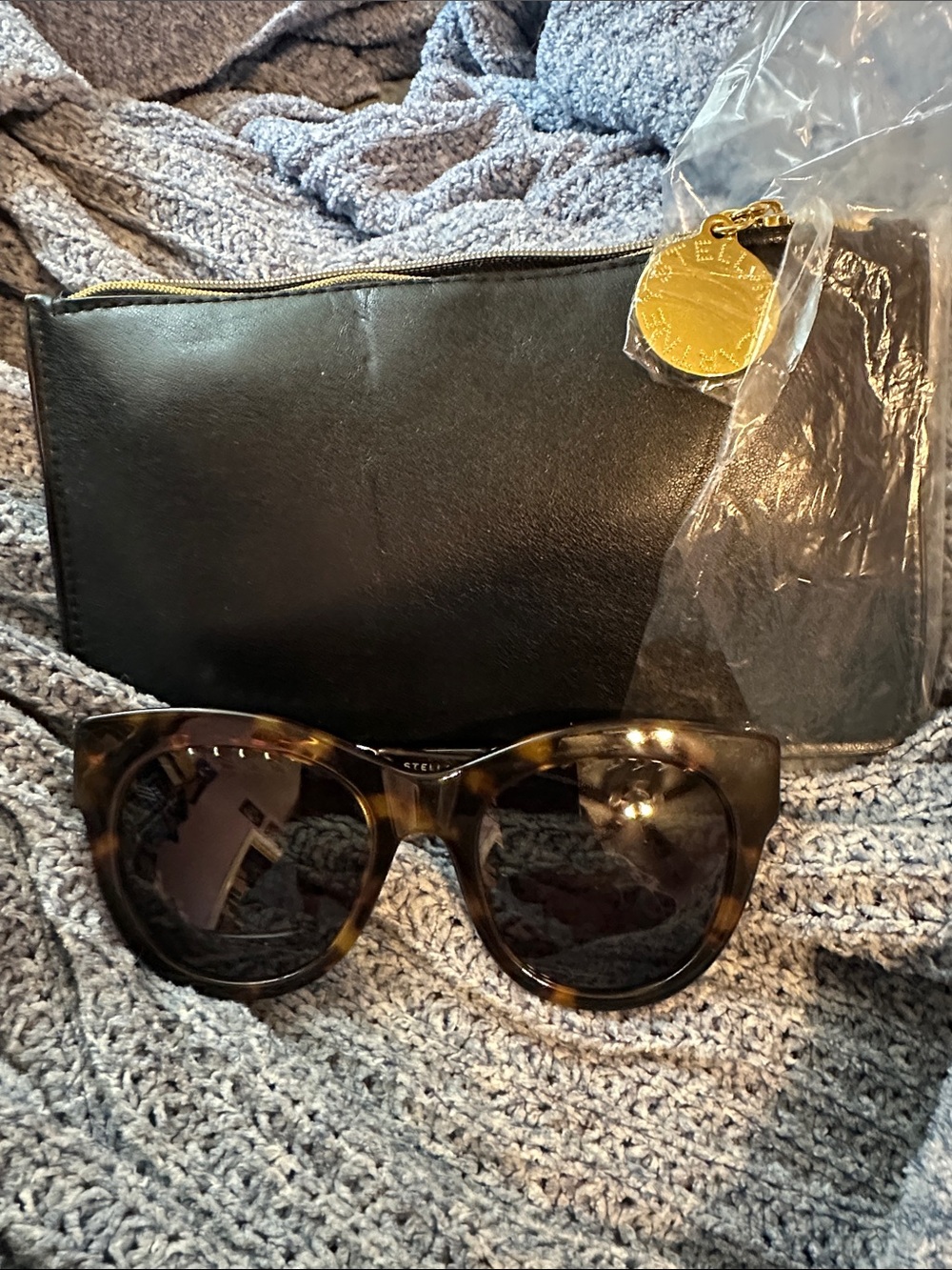 Stella McCartney Tortoiseshell Sunglasses with Black Pouch and Gold Charm